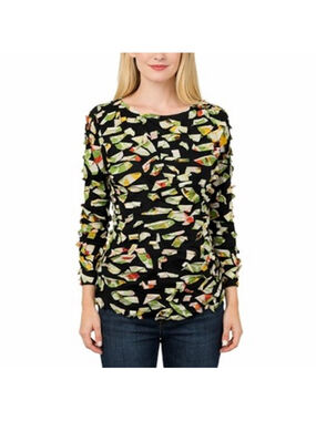 Sno Skins Black Textured 3/4 Sleeve Top Art to Wear Geo Embellished Artsy Size L